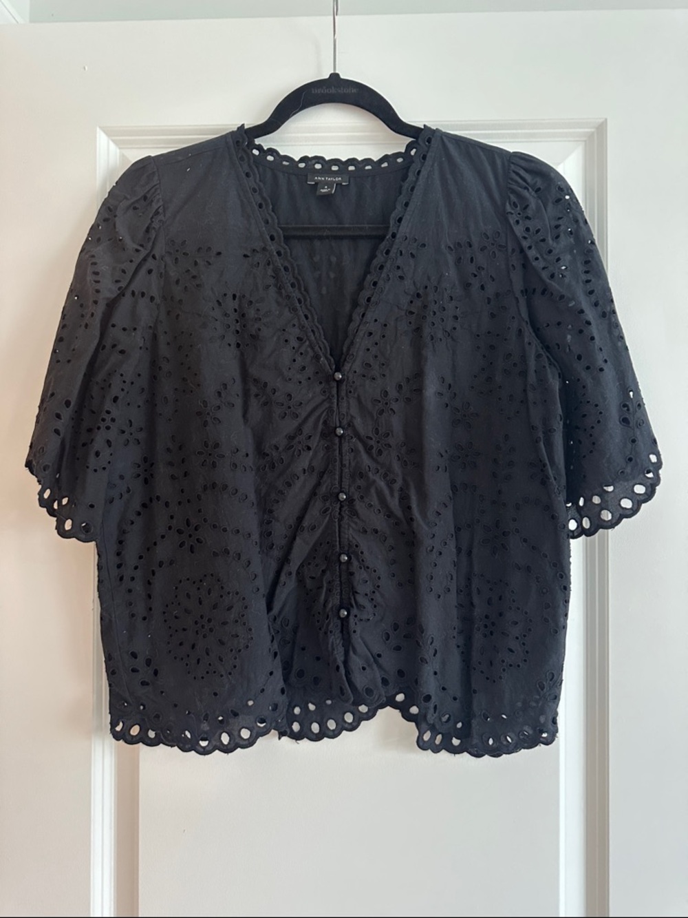 Ann Taylor Black Eyelet Button-Front Blouse